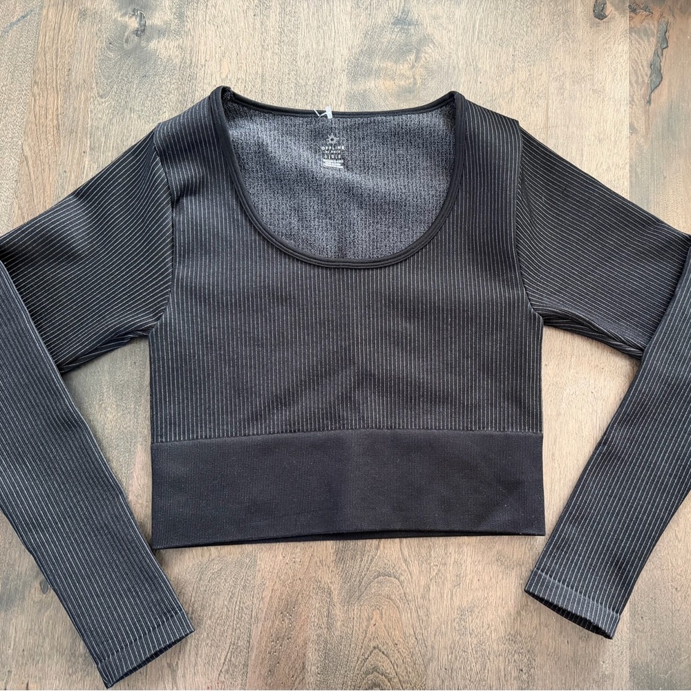 aerie Black Ribbed Scoop-Neck Long-Sleeve Crop Top